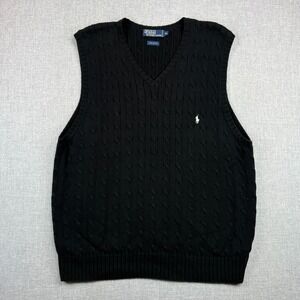 Vintage Polo Ralph Lauren Black Cable Knit Aran Cotton Sweater Vest Men XL Prep